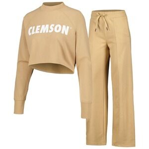 KadyLuxe Clemson Tigers Tan Raglan Cropped Sweatshirt Wide Leg Lounge Set XL New
